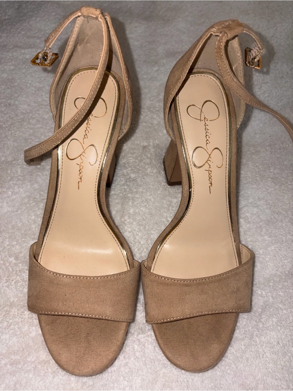 Jessica Simpson Tan Suede Block Heel Ankle-Strap Sandals